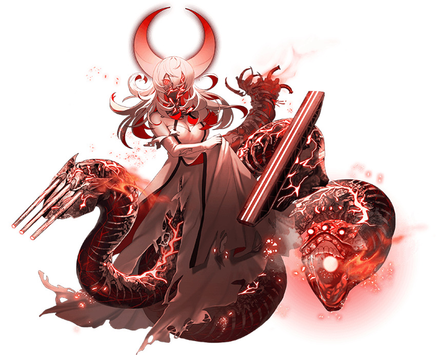 1girl, abyssal_heavy_cruiser_water_princess, abyssal_ship, artist_request, breasts, cleavage, colored_skin, covered_mouth, detached_sleeves, dress, full_body, hair_between_eyes, horns, kantai_collection, large_breasts, long_hair, looking_at_viewer, monster_girl, multicolored_hair, multiple_tails, official_art, pale_skin, red_eyes, red_hair, ship_turret, solo, tail, teeth, transparent_background, white_hair, white_skin