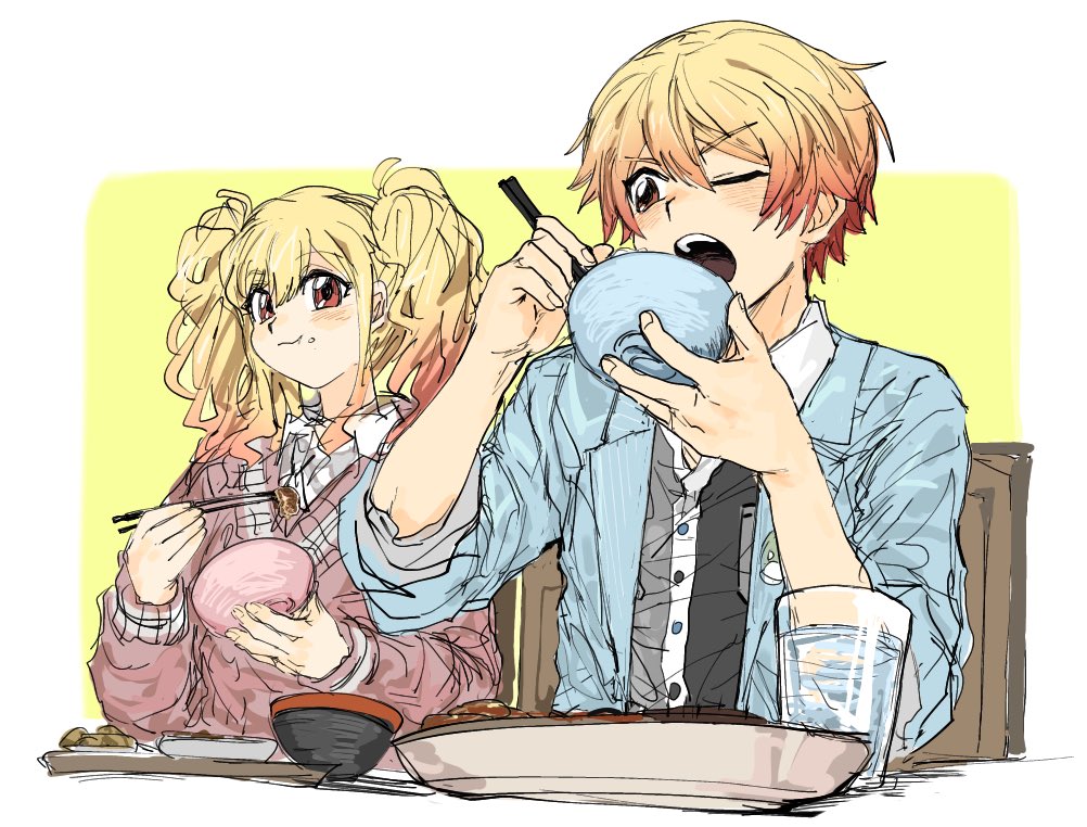 1boy, 1girl, blonde_hair, bnna-0208, brother_and_sister, cardigan, chopsticks, cup