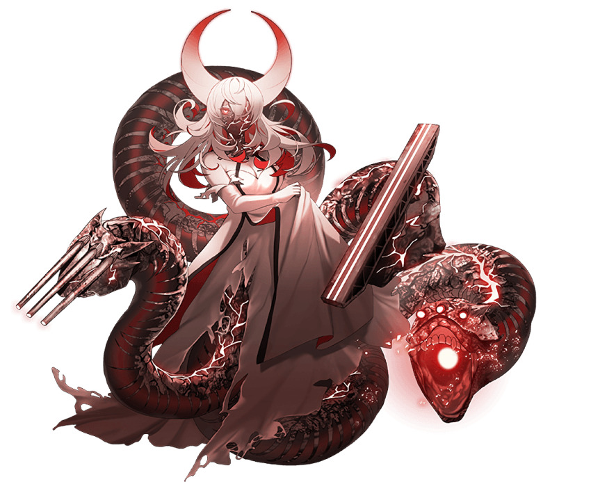 1girl, abyssal_heavy_cruiser_water_princess, abyssal_ship, artist_request, breasts, cleavage, colored_skin, covered_mouth, detached_sleeves, dress, full_body, hair_between_eyes, horns, kantai_collection, large_breasts, long_hair, looking_at_viewer, monster_girl, multicolored_hair, multiple_tails, official_art, pale_skin, red_eyes, red_hair, ship_turret, solo, tail, teeth, transparent_background, white_hair, white_skin