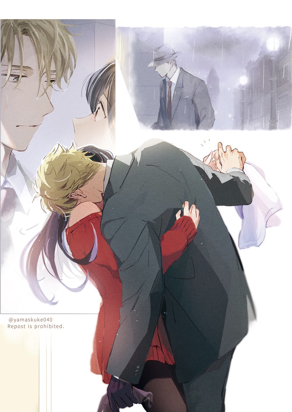 1boy, 1girl, bare_shoulders, black_gloves, black_hair, blonde_hair, blue_eyes, building