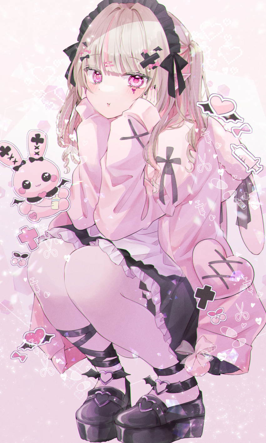 1girl, :t, absurdres, animal_hood, ankle_ribbon, bat_wings, black_footwear, black_hairband, black_ribbon, black_skirt, blonde_hair, blunt_bangs, cherry, chibana_sora, chibi, chibi_inset, closed_mouth, cross, food, frilled_skirt, frills, fruit, full_body, hair_ornament, hairband, hairclip, hands_on_own_cheeks, hands_on_own_face, heart, heart_o-ring, highres, hood, hood_down, hoodie, jirai_kei, leg_ribbon, light_particles, long_hair, long_sleeves, makaino_ririmu, makaino_ririmu_(5th_costume), nijisanji, o-ring, pill, pink_background, pink_eyes, pink_hoodie, pink_theme, platform_footwear, pointy_ears, rabbit_hood, ribbon, scissors, skirt, solo, sparkle, squatting, syringe, twintails, virtual_youtuber, wings, x_hair_ornament, yami_kawaii