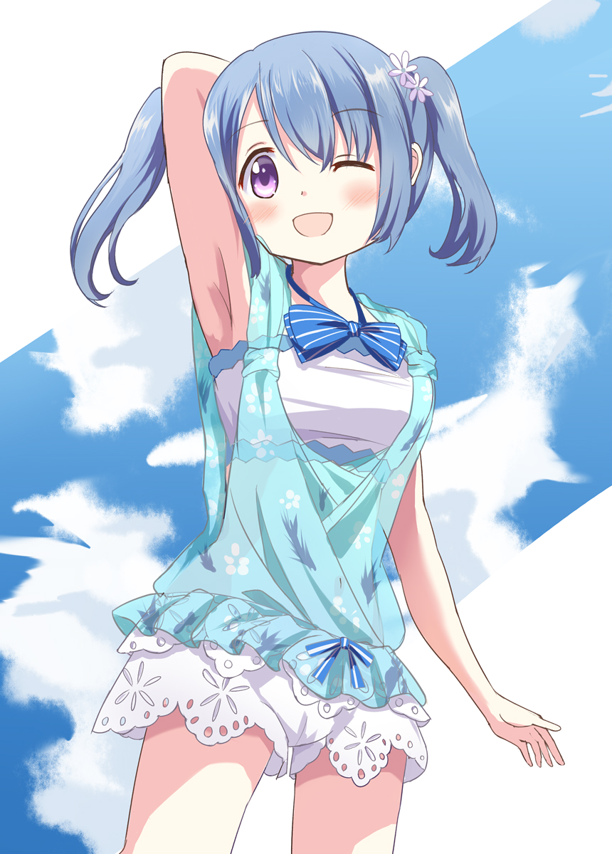 1girl, :d, ;d, arm_at_side, arm_up, armpits, blue_bow, blue_bowtie