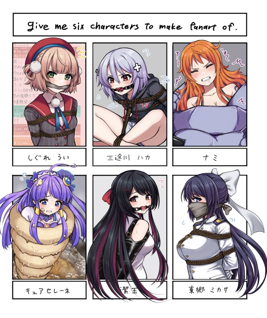 ahoge, arms_behind_back, ball_gag, black_hair, blonde_hair, blue_eyes, braid, breasts