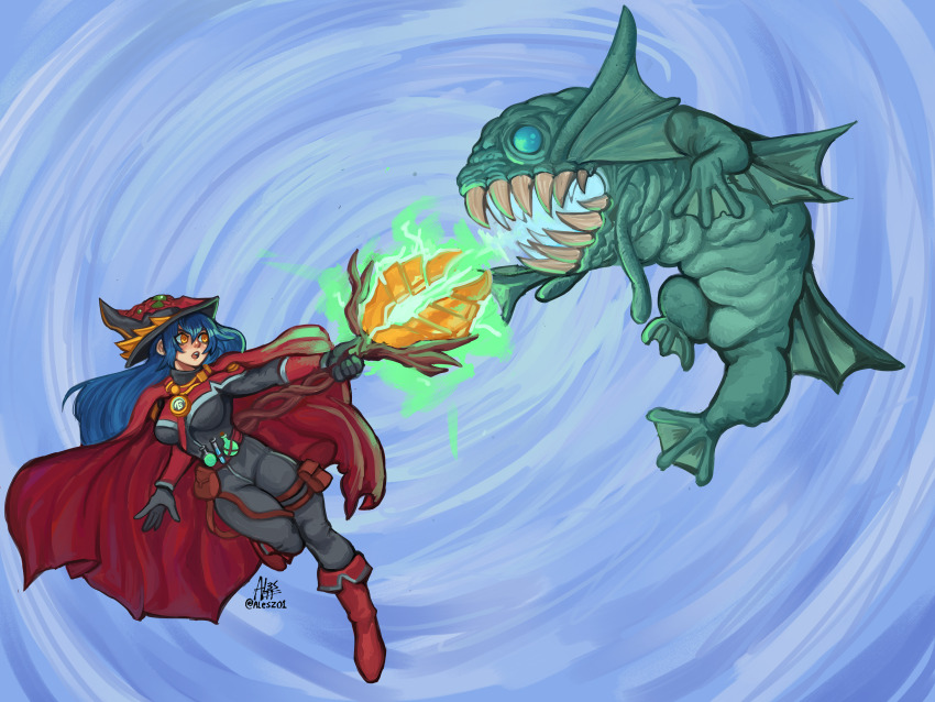 1girl, absurdres, bag, belt_pouch, black_gloves, blue_hair, boots, breasts