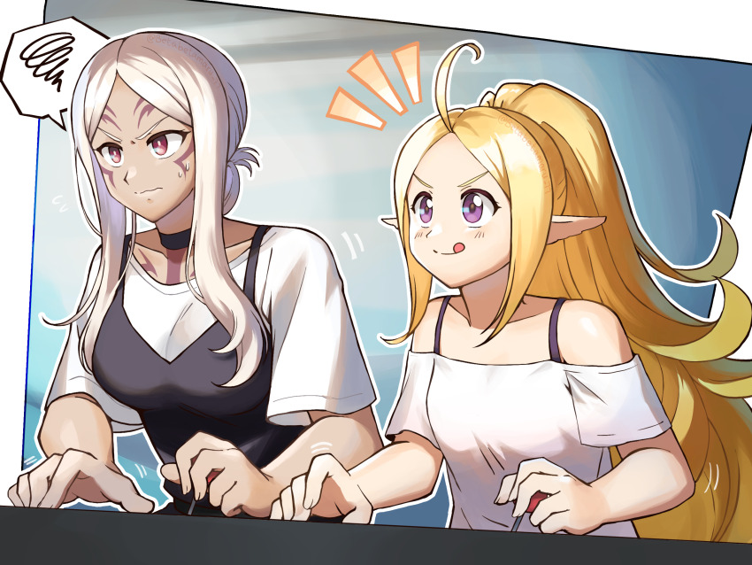 2girls, arcade, aversa_(fire_emblem), betabetamaru, black_choker, blonde_hair, bra_strap, breasts