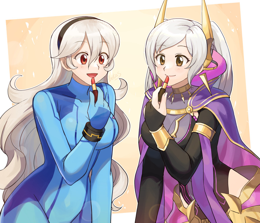 2girls, absurdres, alternate_costume, applying_makeup, betabetamaru, black_hairband, blue_bodysuit, bodysuit, breasts, brown_eyes, cape, cleavage, commentary, commentary_request, commission, cosmetics, cosplay, english_commentary, female_corrin_(fire_emblem), female_robin_(fire_emblem), female_robin_(grima)_(fell_tactician)_(fire_emblem), female_robin_(grima)_(fire_emblem), fire_emblem, fire_emblem_awakening, fire_emblem_fates, fire_emblem_heroes, hairband, headgear, highres, large_breasts, light_brown_hair, lipstick_tube, long_hair, metroid, mixed-language_commentary, multiple_girls, nintendo, official_alternate_costume, purple_cape, samus_aran, samus_aran_(cosplay), see-through_cleavage, see-through_clothes, skeb_commission, very_long_hair, wavy_hair, zero_suit