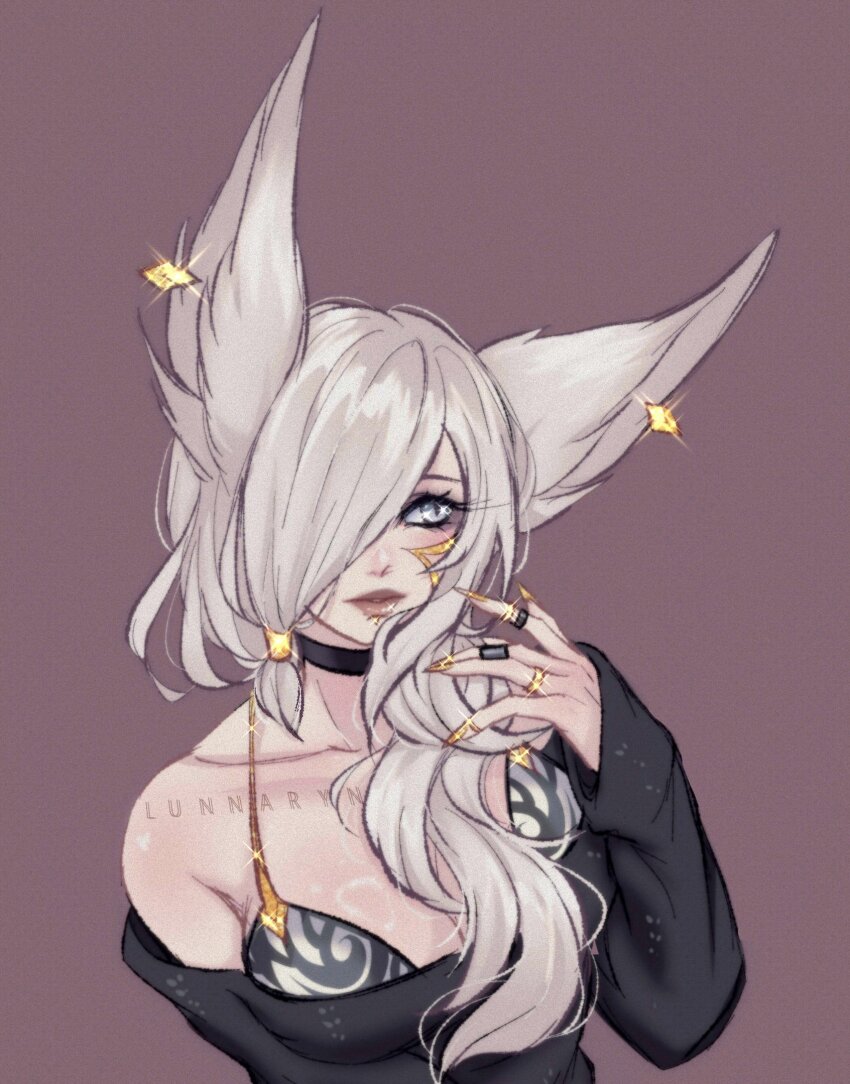 1girl, alternate_costume, animal_ears, artist_name, bare_shoulders, black_bra, black_choker, black_sweater, bra, breasts, broken_covenant_xayah, brown_background, choker, cleavage, closed_mouth, collarbone, earrings, grey_eyes, grey_hair, hair_over_one_eye, hand_up, highres, jewelry, large_breasts, league_of_legends, long_hair, long_sleeves, lunnaryn, nail_polish, ring, simple_background, solo, sweater, two-tone_bra, underwear, watermark, white_bra, xayah, yellow_nails