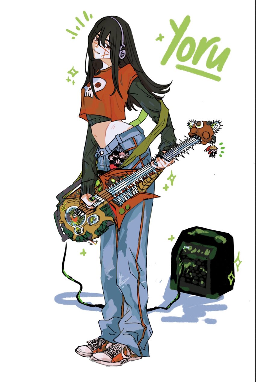 1girl, amplifier, black_hair, black_sweater, chainsaw, chainsaw_man, character_name, crop_top, cross_scar, denji_(chainsaw_man), electric_guitar, emzok, facial_scar, fami_(chainsaw_man), guitar, headset, higashiyama_nobana, highres, holding, holding_instrument, instrument, iseumi_haruka, kobeni_otouto, long_hair, looking_at_viewer, pochita_(chainsaw_man), scar, scar_on_cheek, scar_on_face, simple_background, skull_print, solo, speaker, sweater, white_background, yoru_(chainsaw_man), yoshida_hirofumi, yuko_(chainsaw_man)