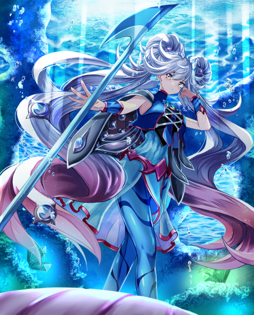 1girl, air_bubble, breasts, bubble, comic, duel_monster, gradient_hair, grey_hair