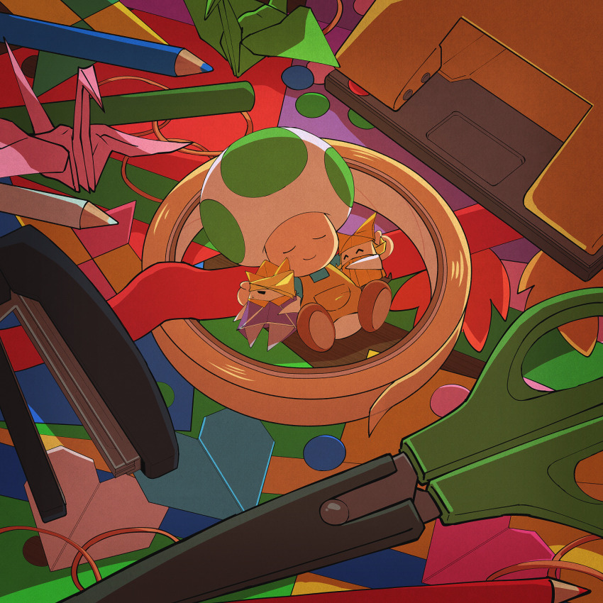 1girl, 2boys, ^_^, apron, blonde_hair, blue_shirt, brown_apron, closed_eyes, closed_mouth, colored_pencil, colored_pencils_(paper_mario), hair_over_one_eye, highres, hole_punch_(paper_mario), hole_puncher, king_olly, lying, mario_(series), multiple_boys, nintendo, olivia_(paper_mario), omochiutyu, on_back, one_eye_covered, origami, origami_craftsman, paper, paper_airplane, paper_crane, paper_mario, paper_mario:_the_origami_king, pencil, red_ribbon, ribbon, scissors, scissors_(paper_mario), shirt, smile, stapler, stapler_(paper_mario), tape, tape_(paper_mario), u_u