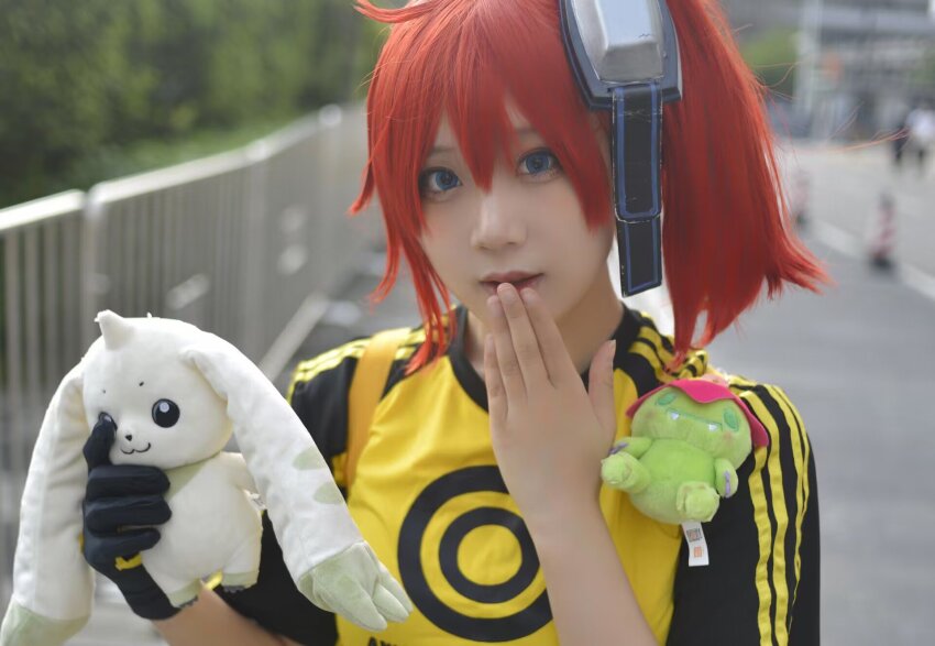 aiba_ami, aiba_ami_(cosplay), cosplay, digimon, goggles, goggles_on_head, highres, palmon, photo_(medium), real_life, red_eyes, terriermon