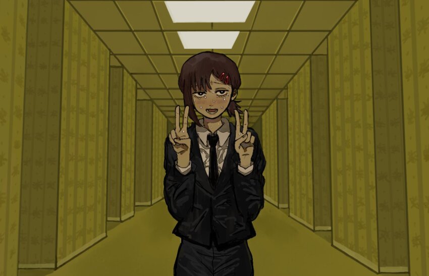 backrooms_(creepypasta), black_jacket, black_necktie, black_pants, brown_hair, chainsaw_man, collared_shirt, double_v, formal_clothes, hhn_965, higashiyama_kobeni, jacket, looking_at_viewer, necktie, nervous_sweating, pants, ponytail, shirt, shirt_tucked_in, short_hair, short_ponytail, side_ponytail, single_sidelock, suit, suit_jacket, sweat, v, white_shirt