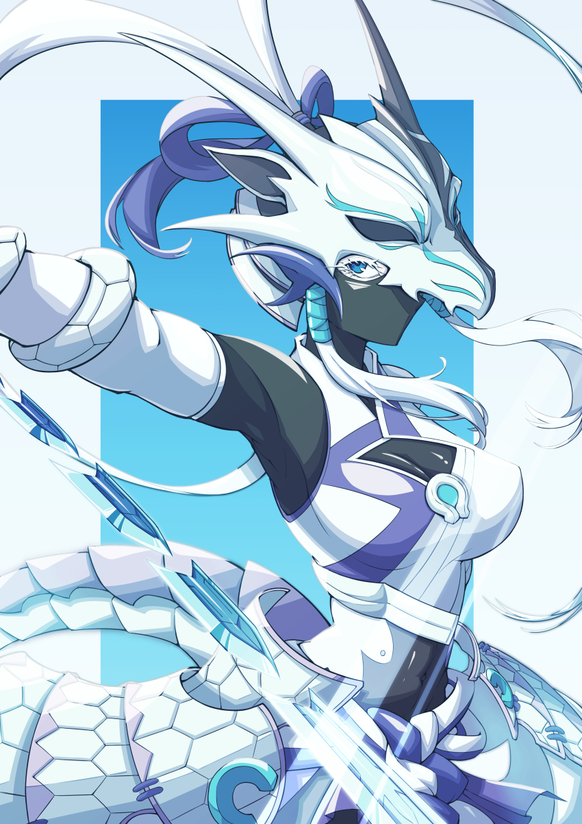 1girl, absurdres, blue_eyes, bodysuit, breasts, covered_eyes, dragon, dragon_girl, dragon_tail, duel_monster, helmet, helmet_over_eyes, highres, holding, holding_weapon, large_breasts, long_hair, looking_at_viewer, maple_(maple_alt), sword, swordsoul_(yu-gi-oh!), swordsoul_of_mo_ye, tail, weapon, white_hair, yu-gi-oh!