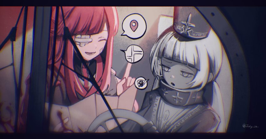 2girls, bandage_over_one_eye, blood, blood_splatter, blunt_bangs, broken_glass, charon_(project_moon), chromatic_aberration