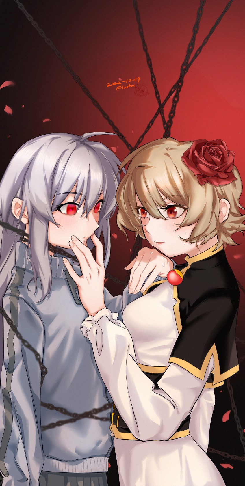 100%_orange_juice, 2girls, ahoge, black_capelet, blonde_hair, capelet, chain, chained