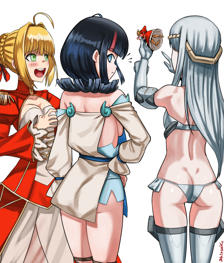 3girls, ahoge, ass, back, bare_shoulders, bikini, black_hair, blonde_hair