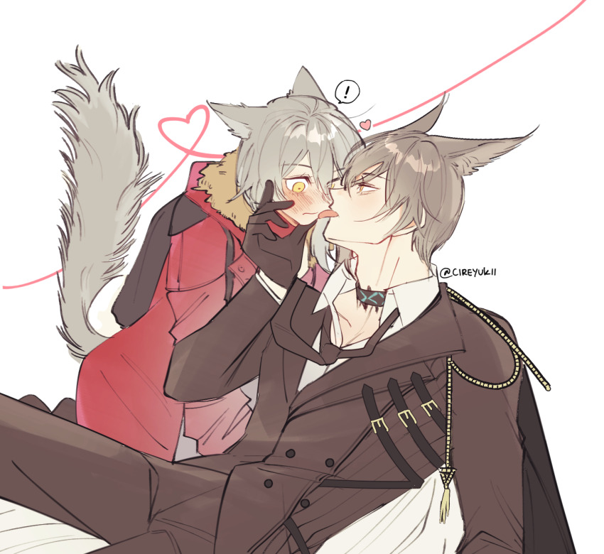 !, 1boy, 1girl, animal_ear_fluff, animal_ears, arknights, brown_gloves, brown_hair