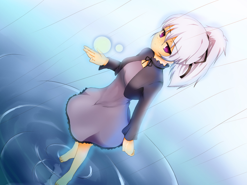 1girl, barefoot, darker_than_black, dress, dutch_angle, expressionless, female_focus, ging_(tokushima)