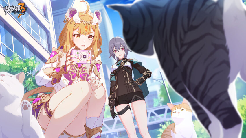 2girls, alvitr_(honkai_impact), animal, arabian_clothes, bare_legs, black_gloves, building, camera