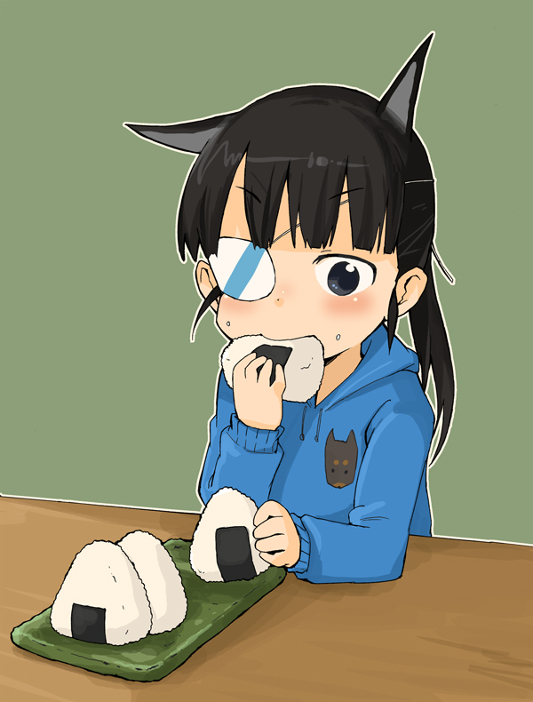 1girl, animal_ears, bad_id, bad_pixiv_id, dog, dog_ears, eating, eyepatch