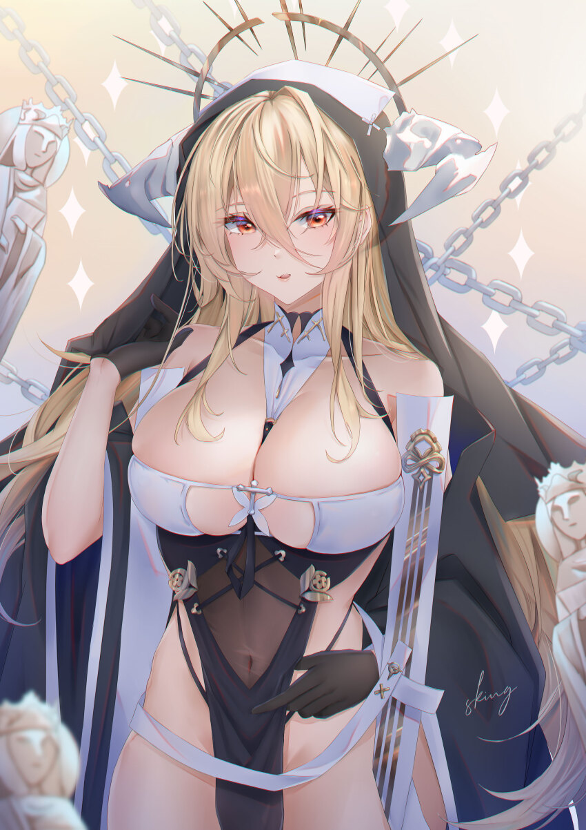 1girl, absurdres, azur_lane, black_gloves, blonde_hair, breast_cutouts, breasts, chain