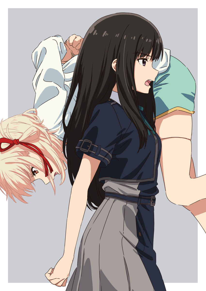 2girls, absurdres, asada7101, blonde_hair, blue_dress, blue_jacket, brown_eyes, carrying_over_shoulder, cropped_jacket, dress, from_side, grey_dress, hair_ribbon, highres, inoue_takina, jacket, long_hair, lycoris_recoil, medium_hair, multiple_girls, nishikigi_chisato, one_side_up, open_mouth, red_ribbon, ribbon, shirt, short_sleeves, two-tone_dress, white_shirt