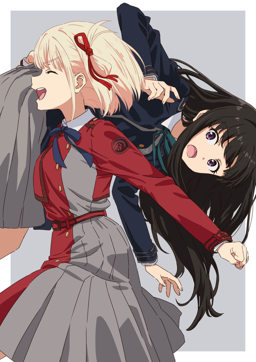 2girls, :d, absurdres, asada7101, black_hair, blonde_hair, blue_bow, blue_bowtie, bow, bowtie, carrying_over_shoulder, closed_eyes, dress, from_side, grey_dress, hair_ribbon, highres, inoue_takina, long_hair, long_sleeves, lycoris_recoil, lycoris_uniform, multiple_girls, nishikigi_chisato, one_side_up, open_mouth, purple_eyes, red_dress, ribbon, short_hair, simple_background, smile