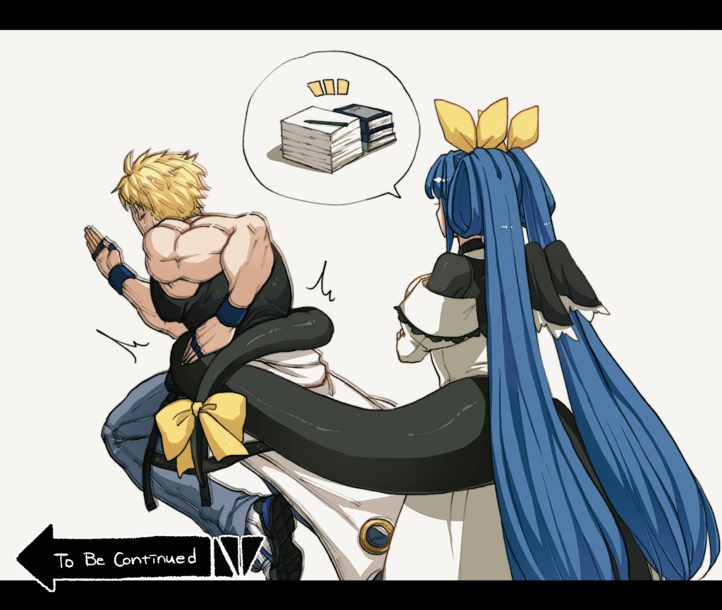 1boy, 1girl, blonde_hair, blue_hair, crossed_arms, dizzy_(guilty_gear), ebi_pri_shrimp, fleeing