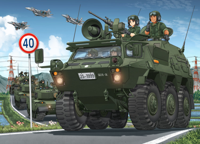 1girl, 3boys, 4others, aircraft, airplane, ambiguous_gender, armored_personnel_carrier, armored_vehicle