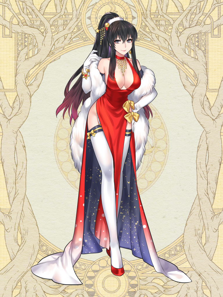 1girl, black_eyes, black_hair, bow, bracelet, breasts, cleavage, dairoku_ryouhei, dress, elbow_gloves, ena_(tommy_walker), full_body, fur_scarf, gloves, gradient_hair, hair_ornament, hair_stick, hand_on_own_hip, hand_up, jewelry, kuruse_chihaya, large_breasts, leaning_forward, long_hair, multicolored_hair, red_dress, red_footwear, smile, solo, standing, thighhighs, white_gloves, white_thighhighs, yellow_background, yellow_bow