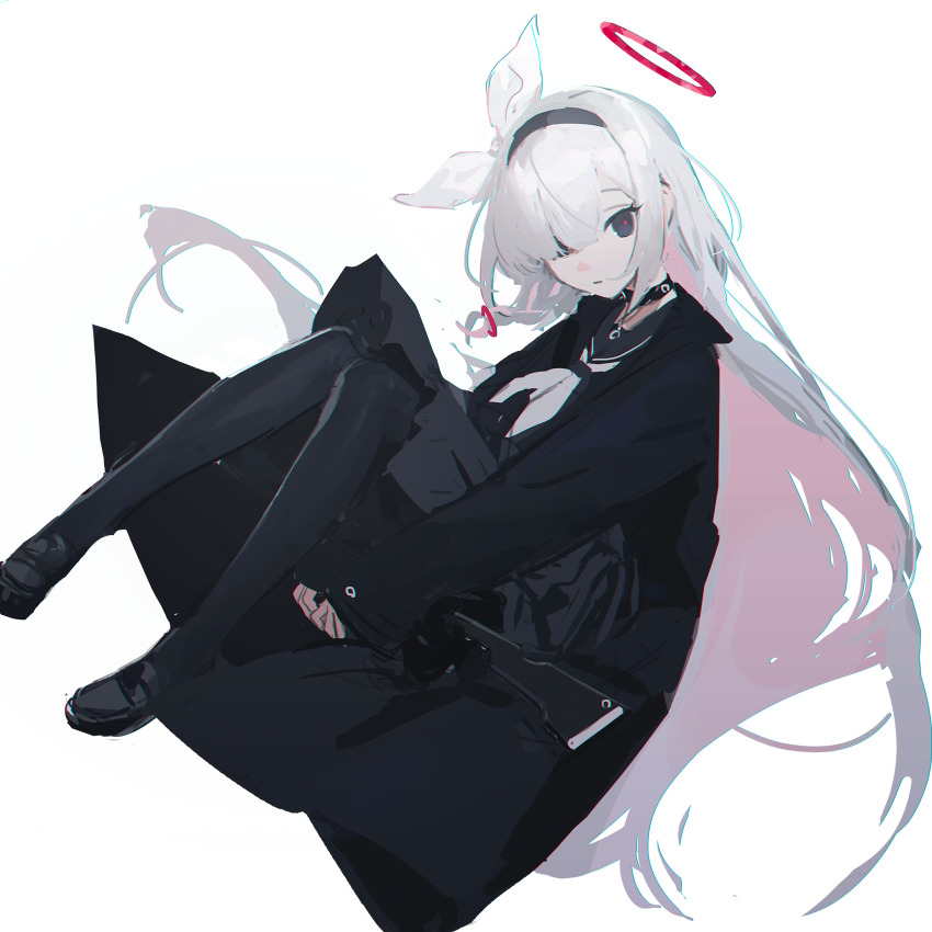 1girl, black_choker, black_coat, black_hairband, black_pantyhose, black_sailor_collar, black_serafuku, black_shirt