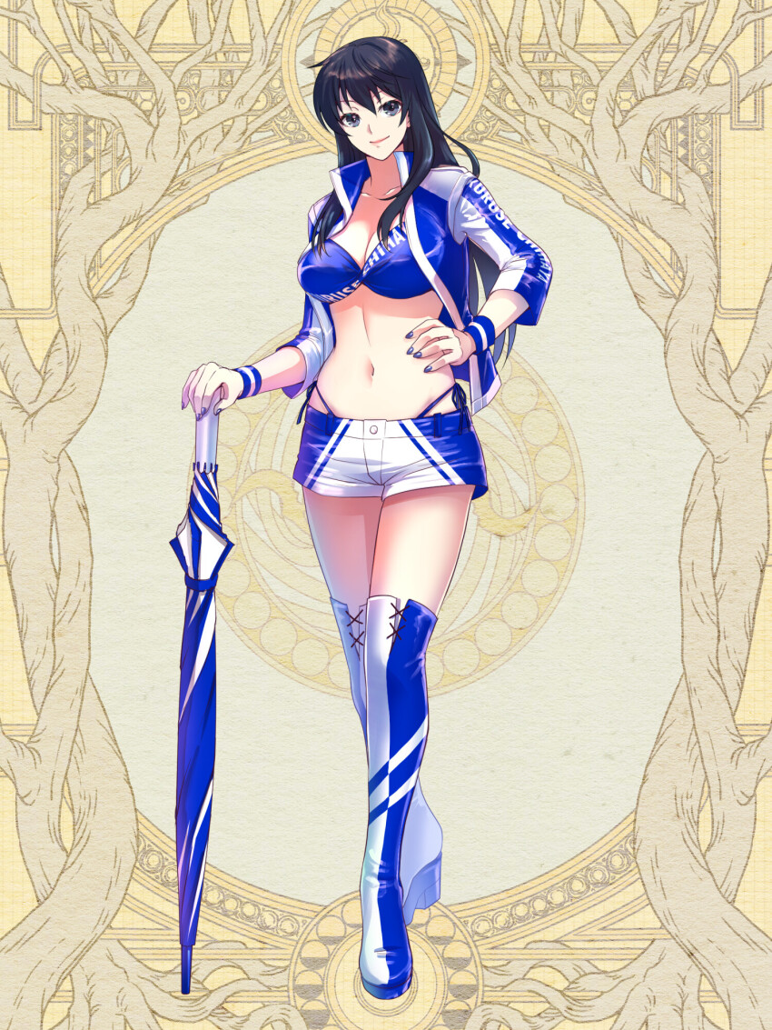 1girl, black_eyes, black_hair, blue_boots, blue_bra, blue_jacket, blue_nails, boots