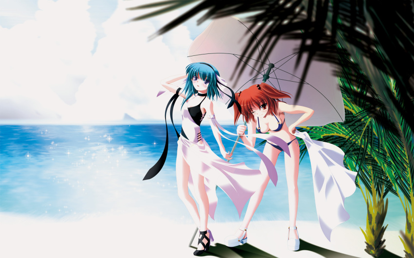 2girls, beach, beach_umbrella, bikini, blurry, casual_one-piece_swimsuit, cloud, day