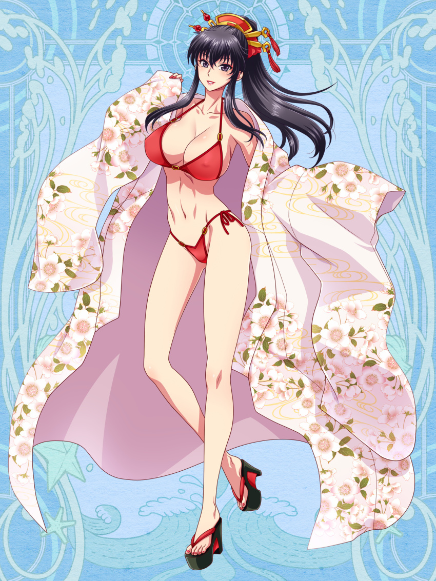 1girl, bikini, black_hair, blue_background, breasts, collarbone, covered_erect_nipples, dairoku_ryouhei, floral_print, full_body, hand_up, highres, japanese_clothes, kimono, kuruse_chihaya, large_breasts, long_hair, navel, pink_kimono, platform_clogs, platform_footwear, platform_sandals, print_kimono, red_bikini, red_headwear, red_nails, sachi_tuna, sandals, side-tie_bikini_bottom, sidelocks, smile, solo, swimsuit, toeless_footwear, wide_sleeves