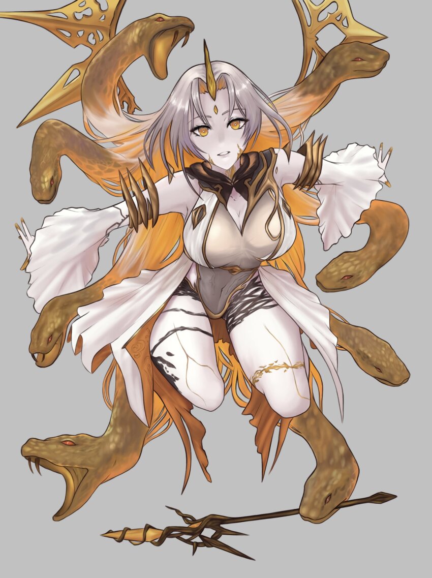1girl, bare_shoulders, blonde_hair, breasts, covered_navel, detached_sleeves, dragon_gami, fire_emblem, fire_emblem_heroes, floating, grey_background, grey_hair, gullveig_(fire_emblem), highres, holding, holding_weapon, horns, large_breasts, long_hair, looking_at_viewer, multicolored_hair, nintendo, pale_skin, parted_bangs, simple_background, single_horn, snake, snake_hair, solo, two-tone_hair, very_long_hair, weapon, white_sleeves, yellow_eyes, yellow_horns