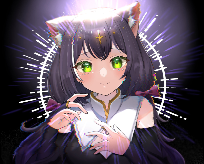 1girl, animal_ear_fluff, animal_ears, bare_shoulders, blush, bow, cat_ears, cat_girl, closed_mouth, collar, commentary_request, cross, cross_hair_ornament, cross_necklace, detached_sleeves, dress, eyelashes, green_eyes, hair_ornament, hands_up, highres, jewelry, karyl_(princess_connect!), long_hair, looking_at_viewer, multicolored_hair, necklace, princess_connect!, purple_bow, purple_dress, purple_hair, purple_sleeves, shiroue_tomari, sidelocks, smile, solo, split_mouth, streaked_hair, twintails, upper_body, white_collar, white_hair