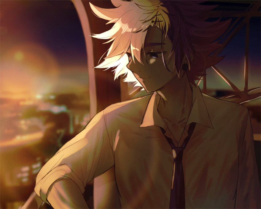 1boy, black_necktie, blurry, blurry_background, earrings, hair_between_eyes, highres, jewelry