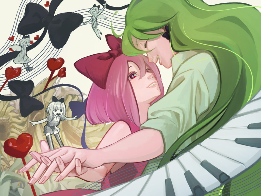 2girls, black_bow, bow, chibi, esh_kei, facing_another, flower, green_hair