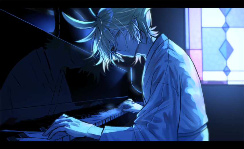 1boy, ahoge, blonde_hair, blue_theme, highres, indoors, instrument, japanese_clothes, kimono, male_focus, messy_hair, music, nabebuta_(pigpot), piano, playing_instrument, pppppp, reflection, short_hair, sitting, smile, sonoda_lucky, symbol-shaped_pupils, upper_body, window