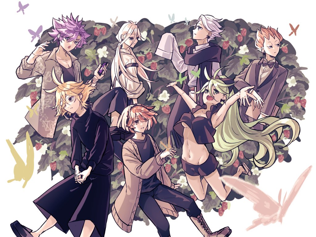 1girl, 6+boys, :d, ahoge, arms_up, black_bow, black_bowtie, black_footwear