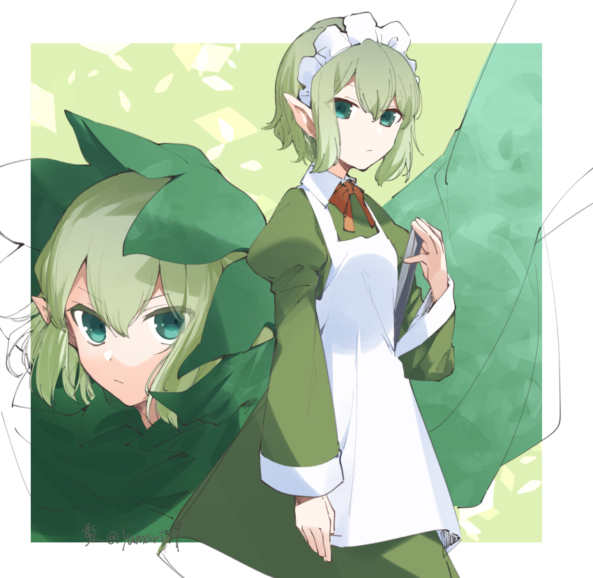 1girl, absurdres, apron, border, bow, bowtie, cloak, closed_mouth