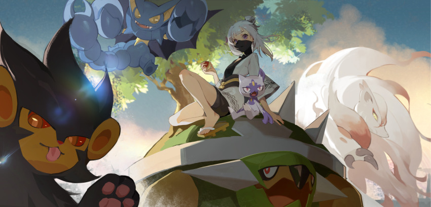 1girl, alternate_color, black_mask, black_shorts, blue_sky, cloud, commentary_request, covered_mouth