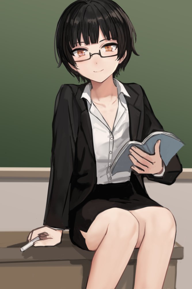 1boy, black-framed_eyewear, black_hair, black_jacket, black_skirt, blunt_bangs, book, brown_eyes