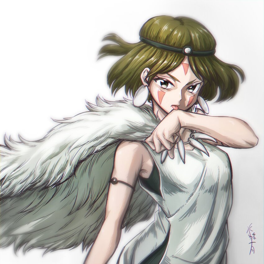 1girl, bare_arms, breasts, brown_hair, cape, earrings, facepaint, facial_mark