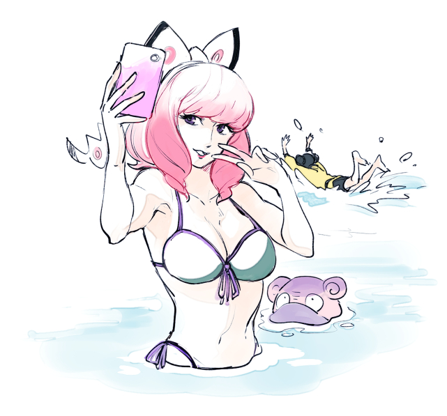 2girls, alternate_costume, bare_arms, barefoot, bikini, black_shorts, bow_hairband, breasts, cellphone, cleavage, commentary_request, galarian_slowbro, hairband, holding, holding_phone, jacket, klara_(pokemon), long_hair, master_dojo_student_(pokemon), master_dojo_uniform, medium_breasts, monji_samonji, multiple_girls, nintendo, phone, pink_hair, pokemon, pokemon_(creature), pokemon_sword_and_shield, selfie, shorts, side-tie_bikini_bottom, sidelocks, smile, splashing, swimsuit, v, wading, water, white_background, white_hairband, yellow_jacket