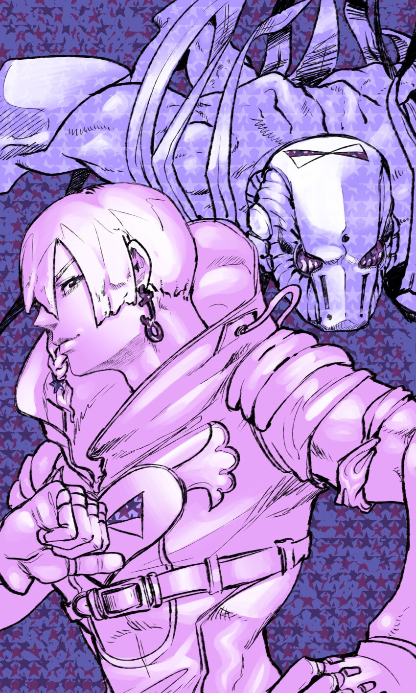 2boys, absurdres, armband, blunt_bangs, braid, clenched_hand, earrings, hair_between_eyes