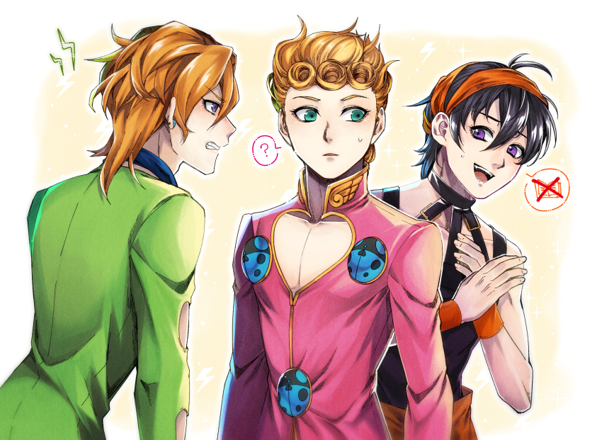 3boys, ?, black_hair, blonde_hair, bug, cleavage_cutout, clothing_cutout, giorno_giovanna