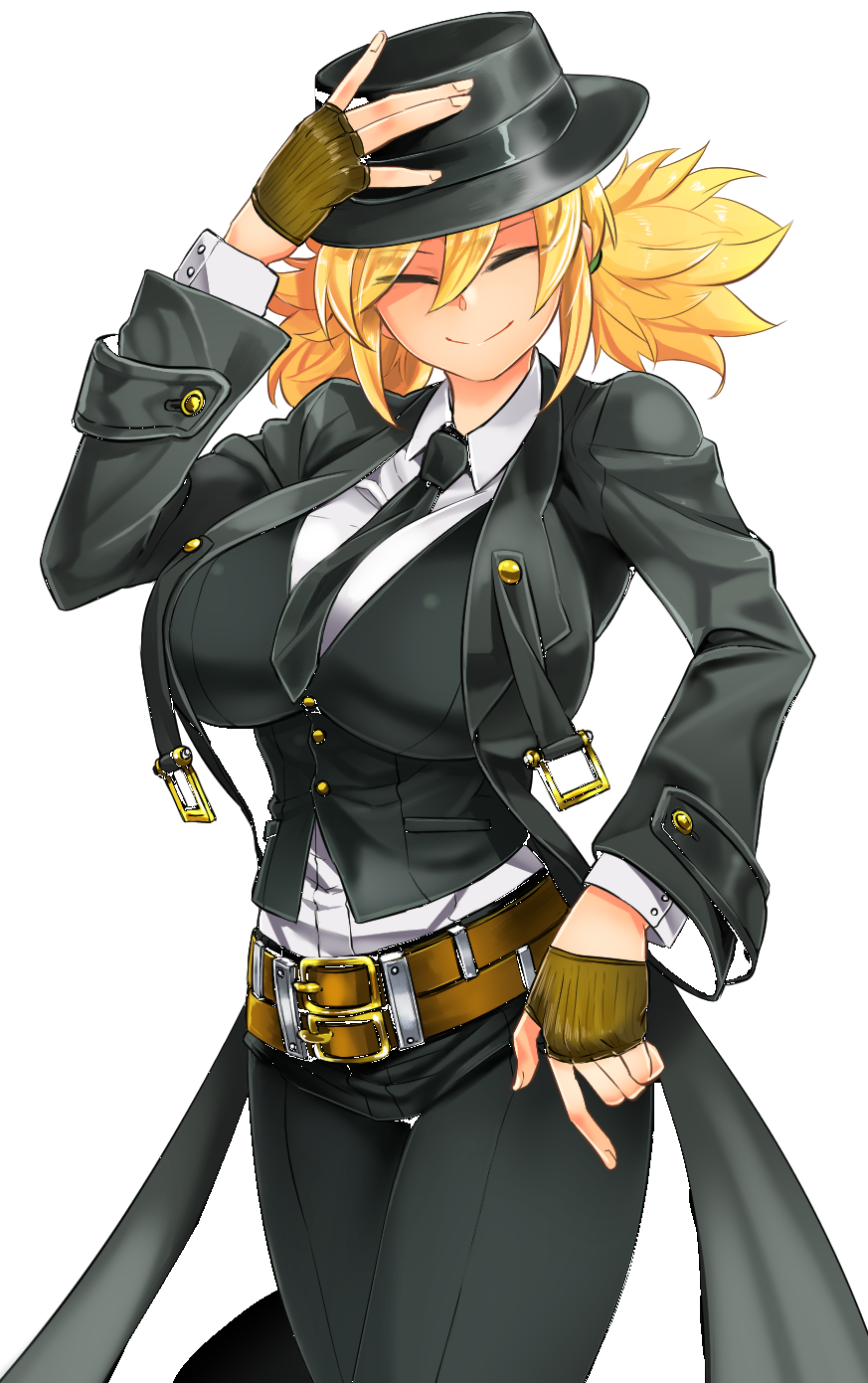 1girl, ^_^, alternate_costume, artist_request, bad_link, bad_twitter_link, belt, black_hat