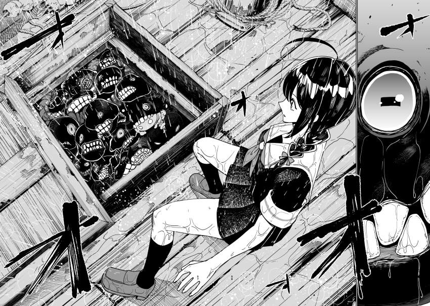abyssal_ship, ahoge, black_hair, close-up, comic, greyscale, hatch, highres, kantai_collection, masukuza_j, monochrome, monster, rain, school_uniform, serafuku, shigure_(kancolle), short_sleeves, skirt, surprised, thighs, two-page_spread, wet, wet_clothes