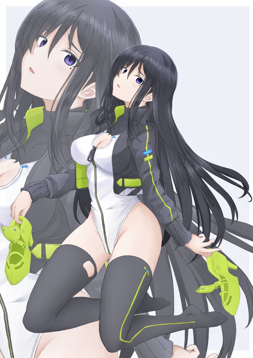 1girl, absurdres, alice_gear_aegis, black_hair, black_jacket, black_thighhighs, cleavage_cutout, clothing_cutout